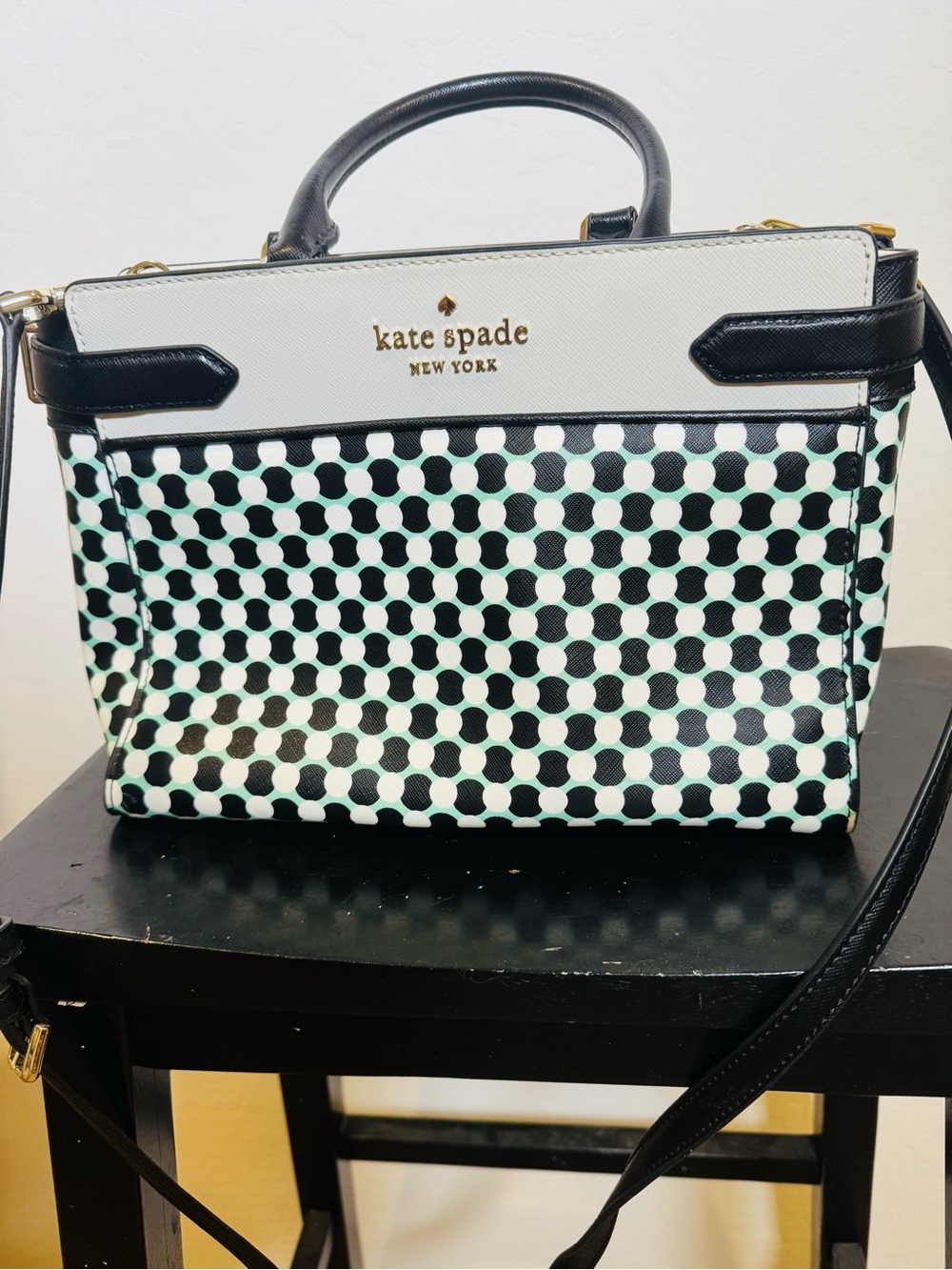 kate spade New York Black, White & Mint Polka Dot Satchel